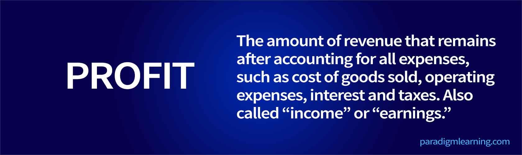 The amount of revenue that remains after accounting for all expenses, such as cost of goods sold, operating expenses, interest and taxes. Also called “income” or “earnings.”
